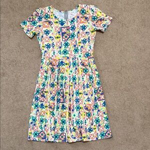 LuLaRoe Multicolor Geometric Print Dress in Teal, Pink, Yellow & Blue